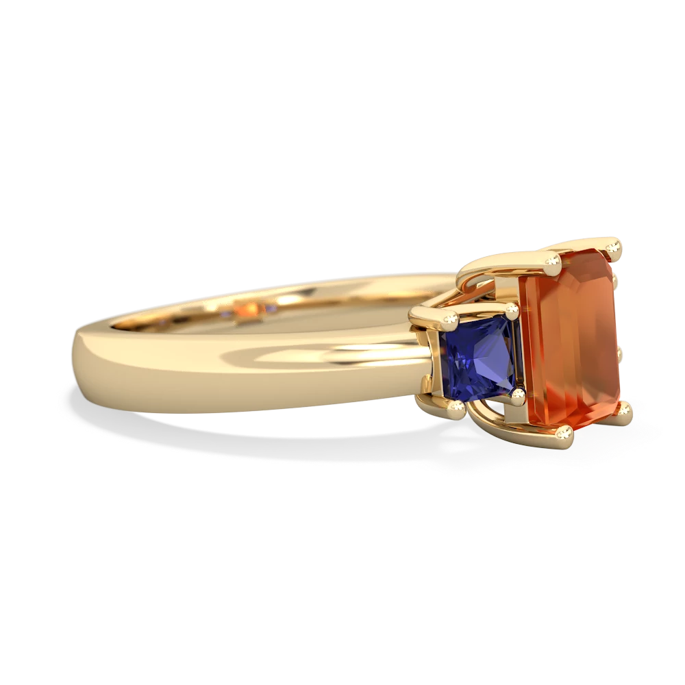 Fire Opal Three Stone Emerald-Cut Trellis 14K Yellow Gold ring R4021