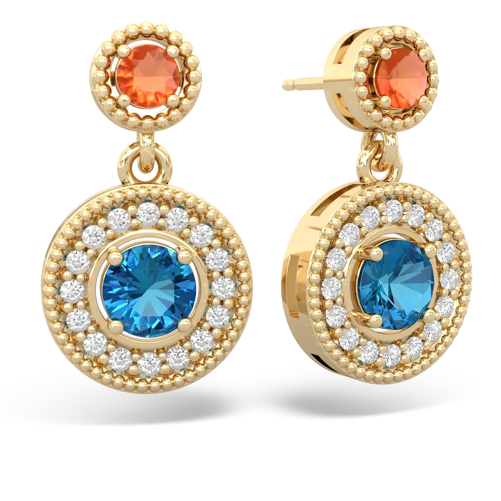 Fire Opal Halo Dangle 14K Yellow Gold earrings E5319