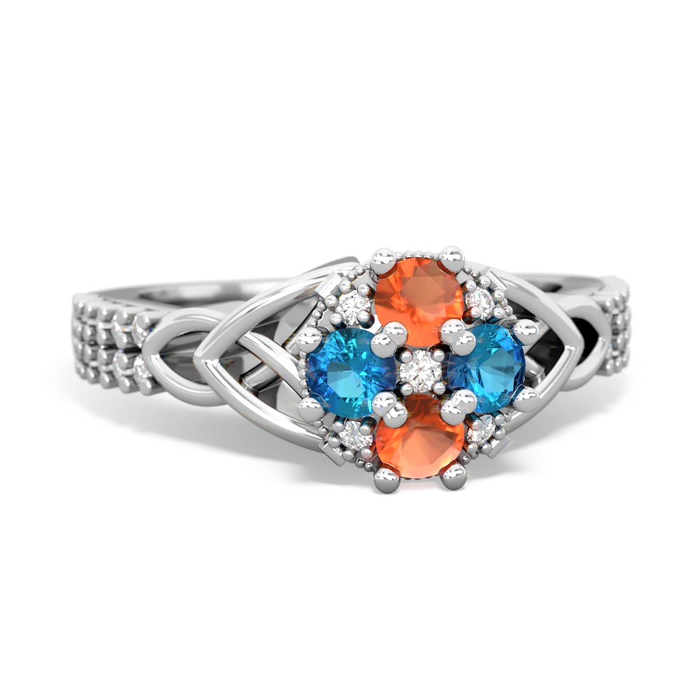 Fire Opal Celtic Knot Cluster Engagement 14K White Gold ring R26443RD