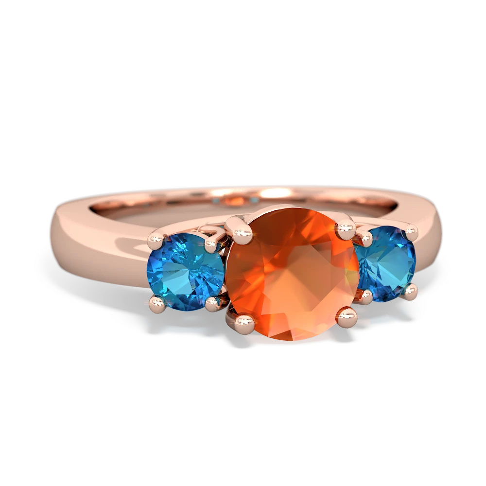 Fire Opal Three Stone Round Trellis 14K Rose Gold ring R4018