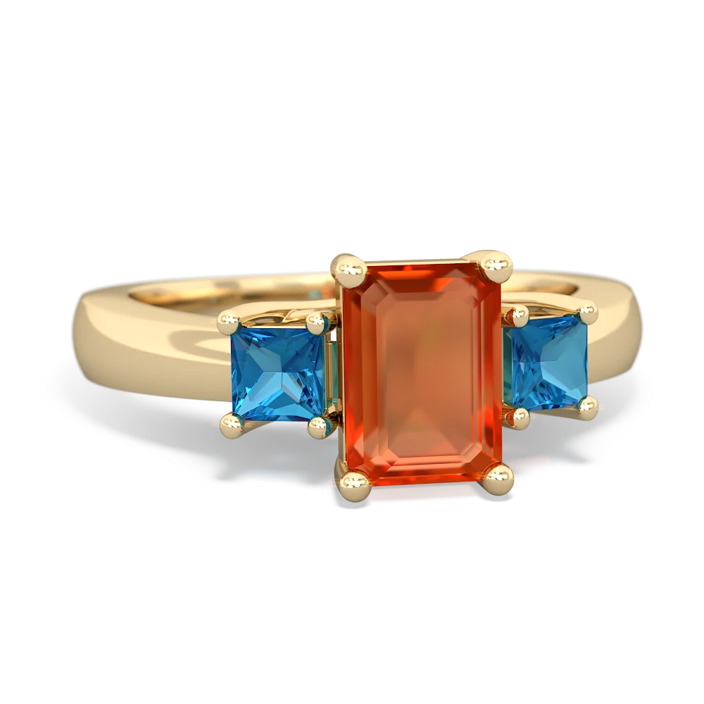 Fire Opal Three Stone Emerald-Cut Trellis 14K Yellow Gold ring R4021