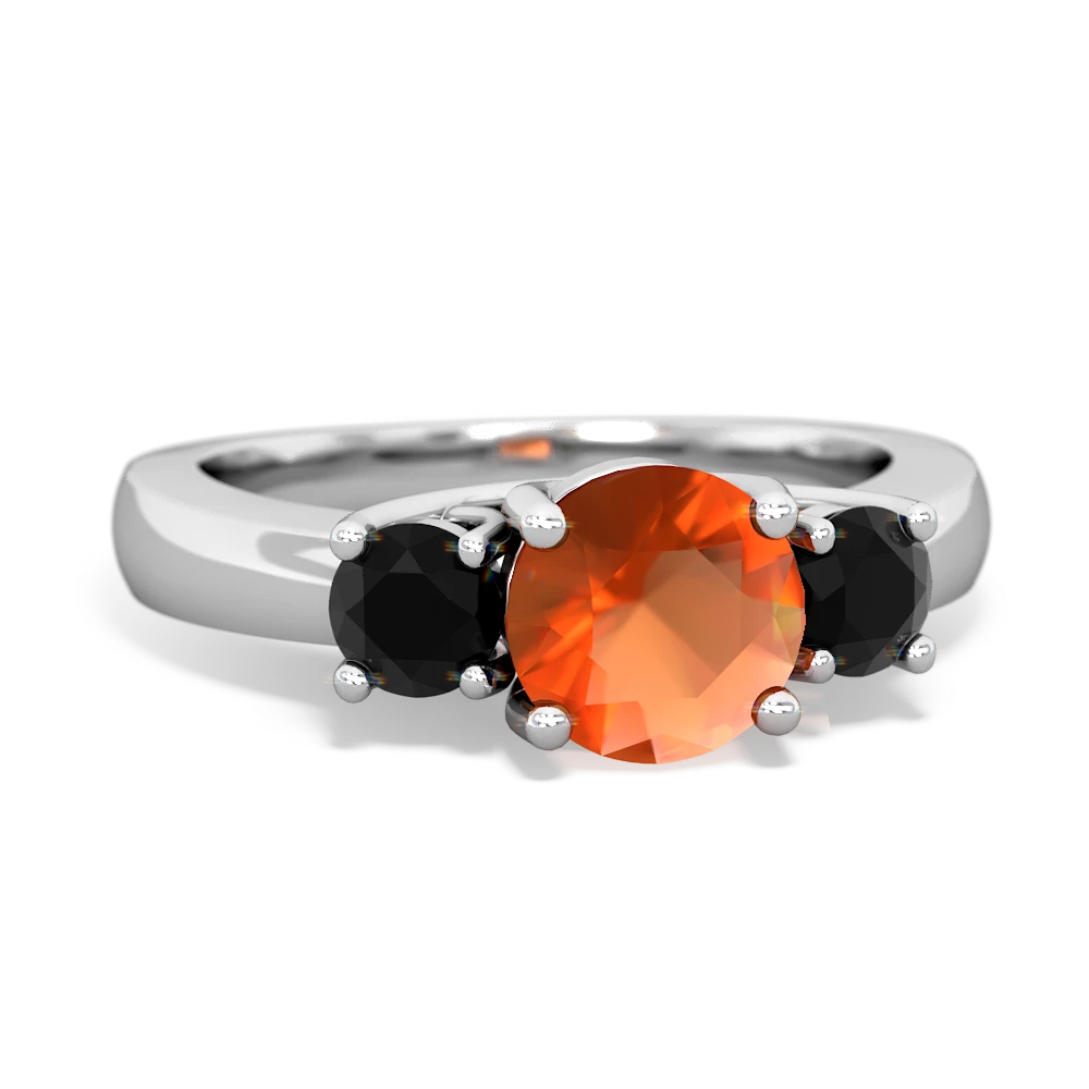 Fire Opal Three Stone Round Trellis 14K White Gold ring R4018