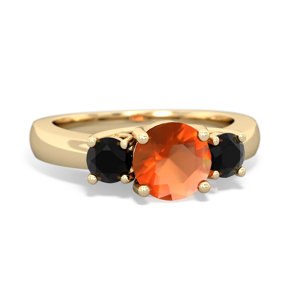 Fire Opal Three Stone Round Trellis 14K Yellow Gold ring R4018