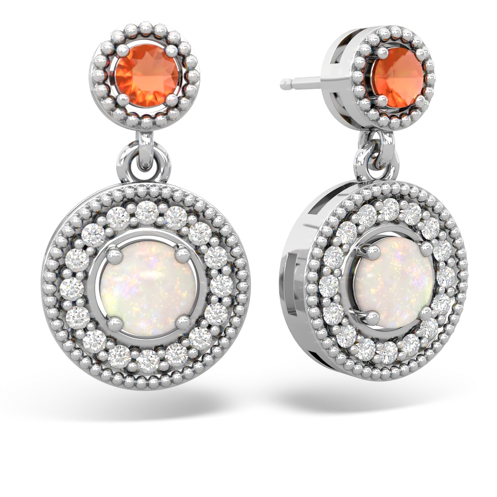 Fire Opal Halo Dangle 14K White Gold earrings E5319
