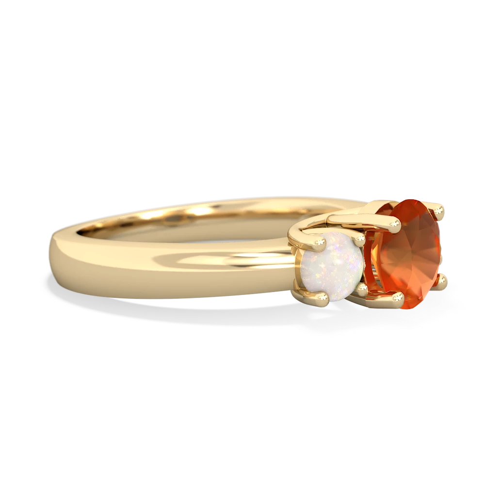 Fire Opal Three Stone Round Trellis 14K Yellow Gold ring R4018