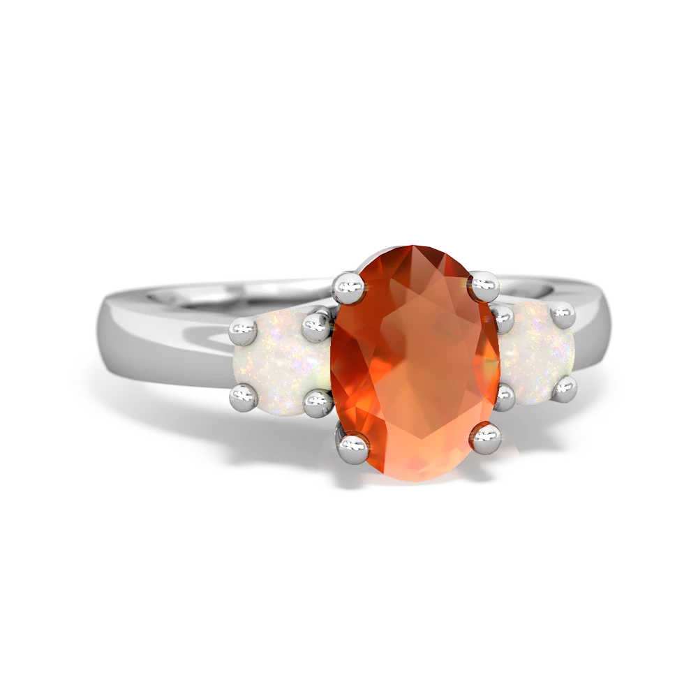 Fire Opal Three Stone Oval Trellis 14K White Gold ring R4024