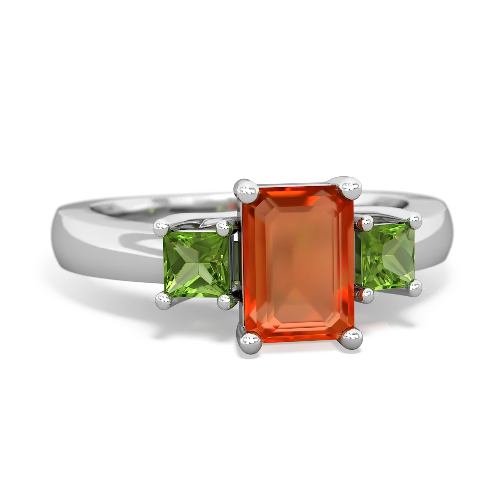 Fire Opal Three Stone Emerald-Cut Trellis 14K White Gold ring R4021