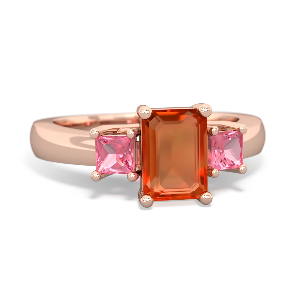 Fire Opal Three Stone Emerald-Cut Trellis 14K Rose Gold ring R4021
