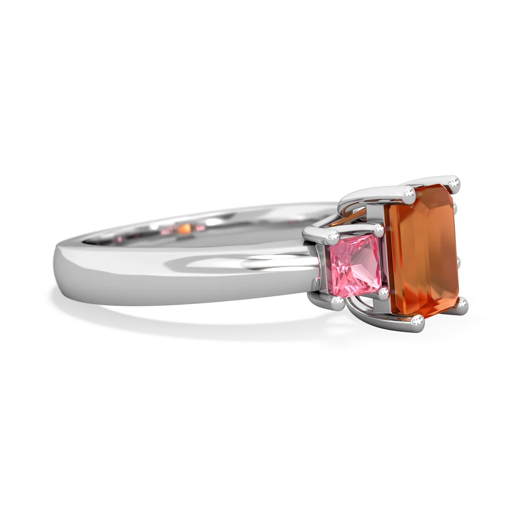 Fire Opal Three Stone Emerald-Cut Trellis 14K White Gold ring R4021