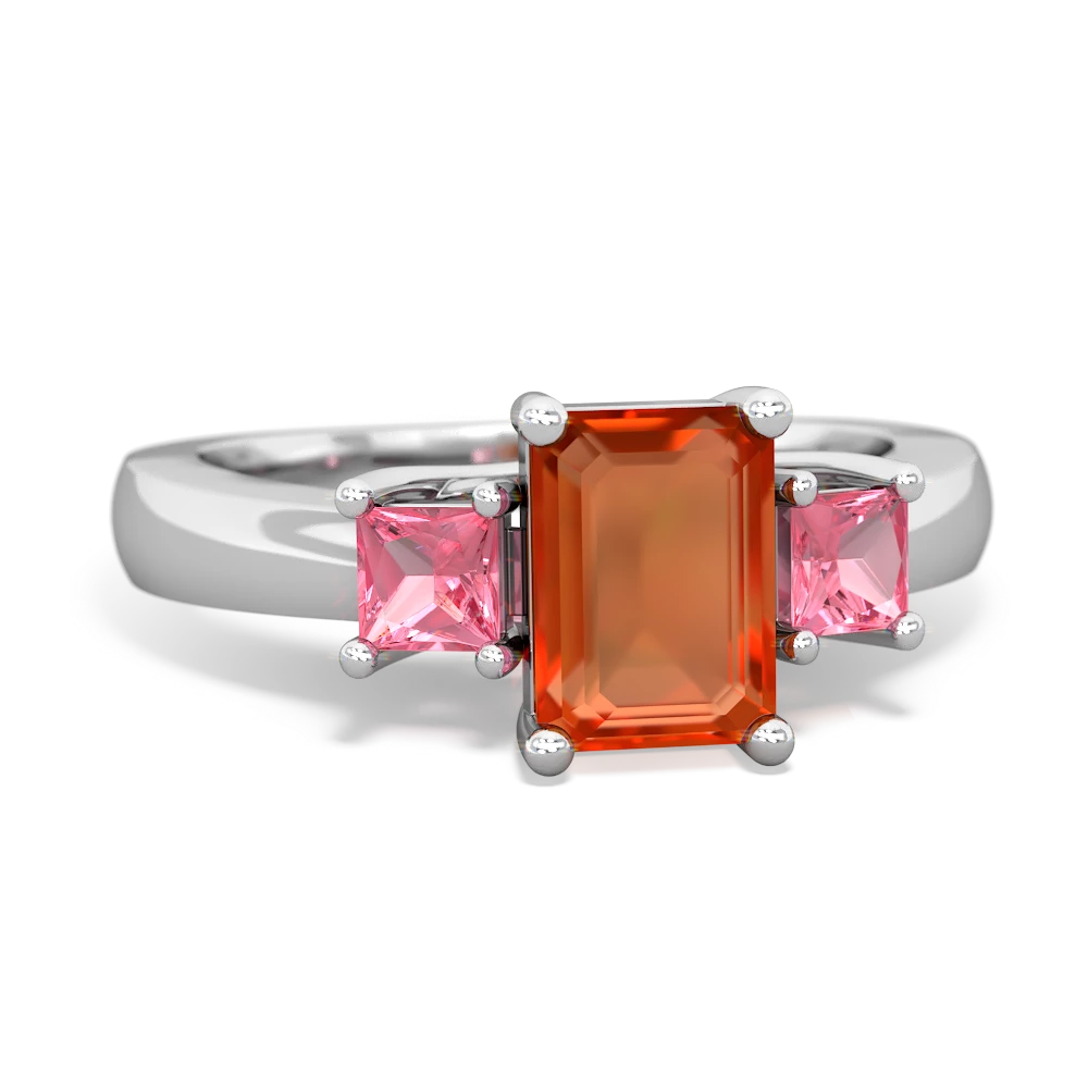 Fire Opal Three Stone Emerald-Cut Trellis 14K White Gold ring R4021