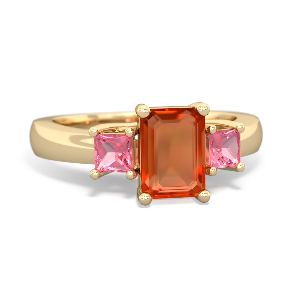 Fire Opal Three Stone Emerald-Cut Trellis 14K Yellow Gold ring R4021