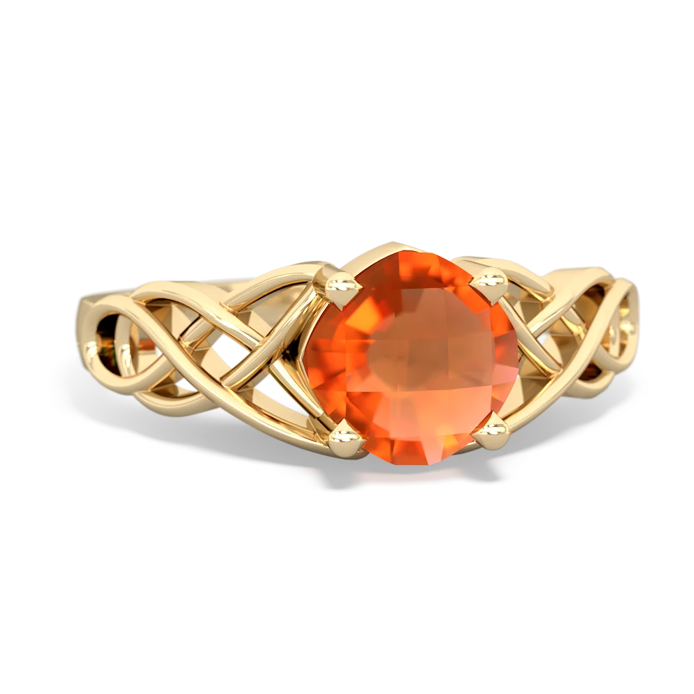 Fire Opal Checkerboard Cushion Celtic Knot 14K Yellow Gold ring R5000