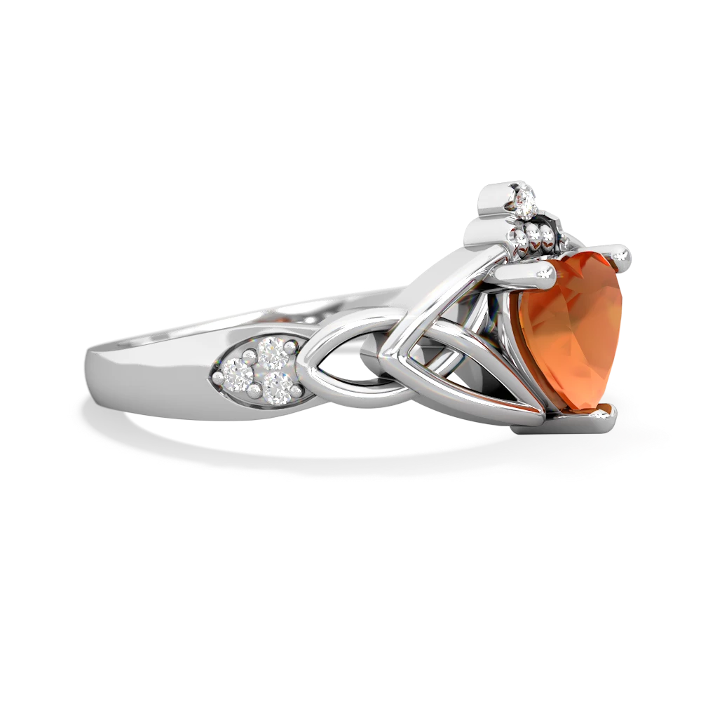 Fire Opal Claddagh Celtic Knot Diamond 14K White Gold ring R5001