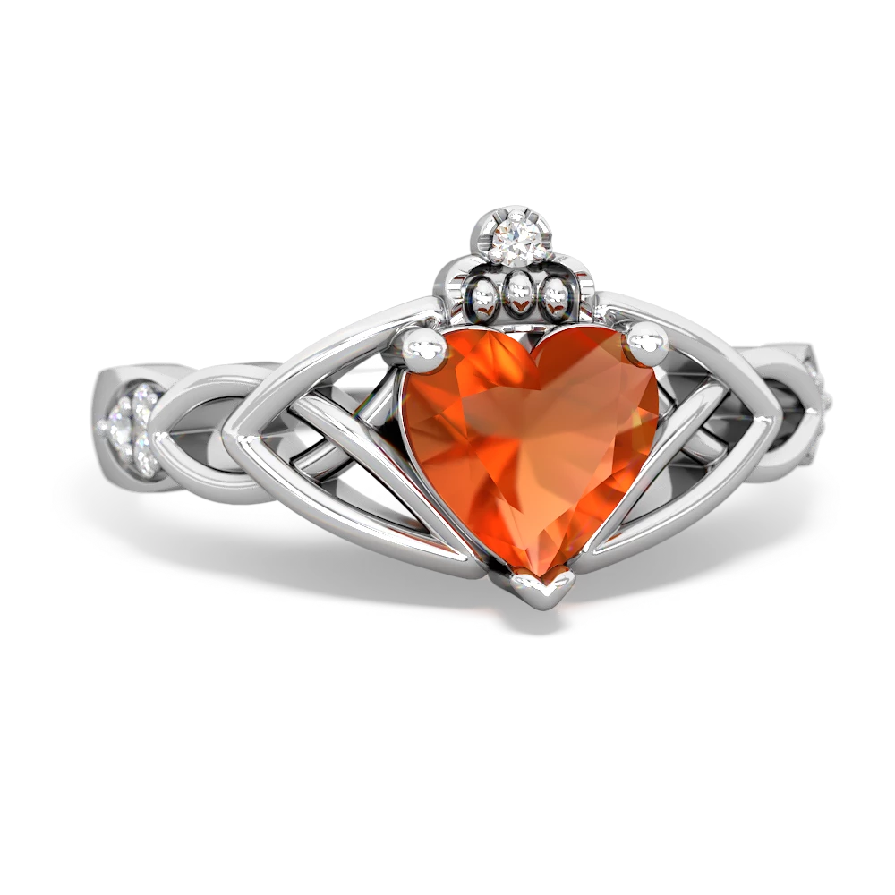 Fire Opal Claddagh Celtic Knot Diamond 14K White Gold ring R5001