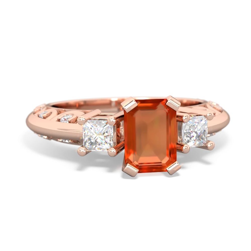 Fire Opal Art Deco Diamond 7X5 Emerald-Cut Engagement 14K Rose Gold ring R20017EM