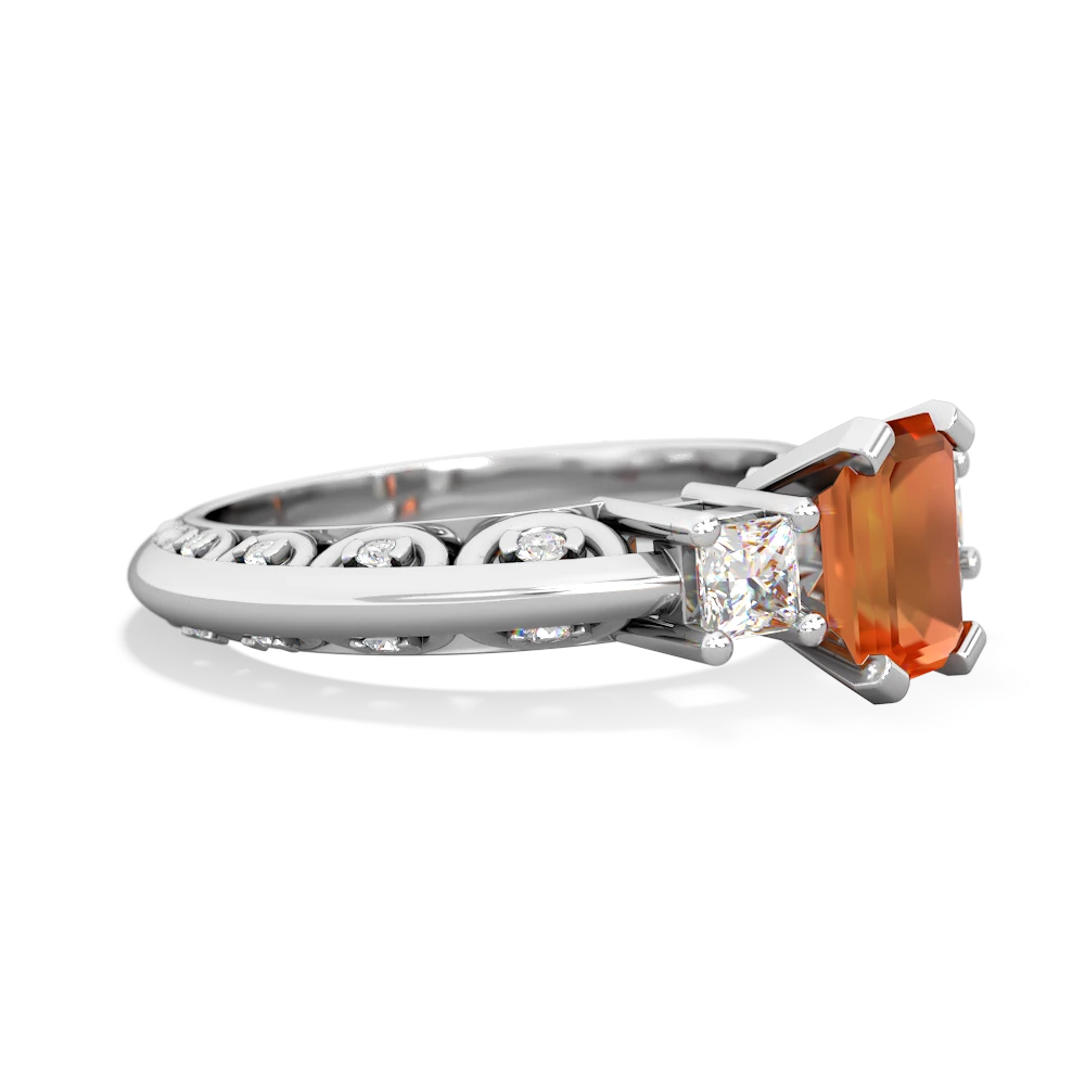 Fire Opal Art Deco Diamond 7X5 Emerald-Cut Engagement 14K White Gold ring R20017EM