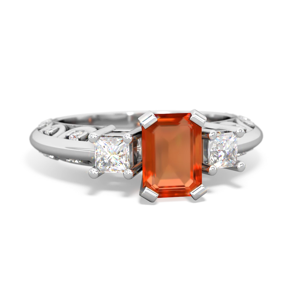 Fire Opal Art Deco Diamond 7X5 Emerald-Cut Engagement 14K White Gold ring R20017EM