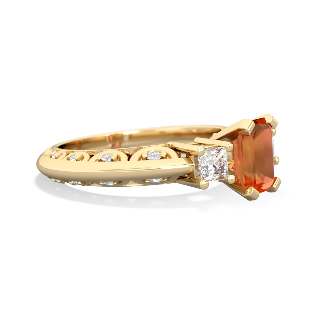 Fire Opal Art Deco Diamond 7X5 Emerald-Cut Engagement 14K Yellow Gold ring R20017EM