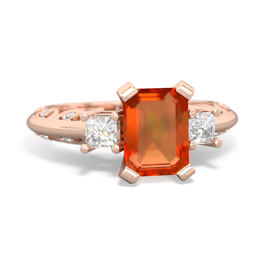 Fire Opal Art Deco Diamond 8X6 Emerald-Cut Engagement 14K Rose Gold ring R20018EM