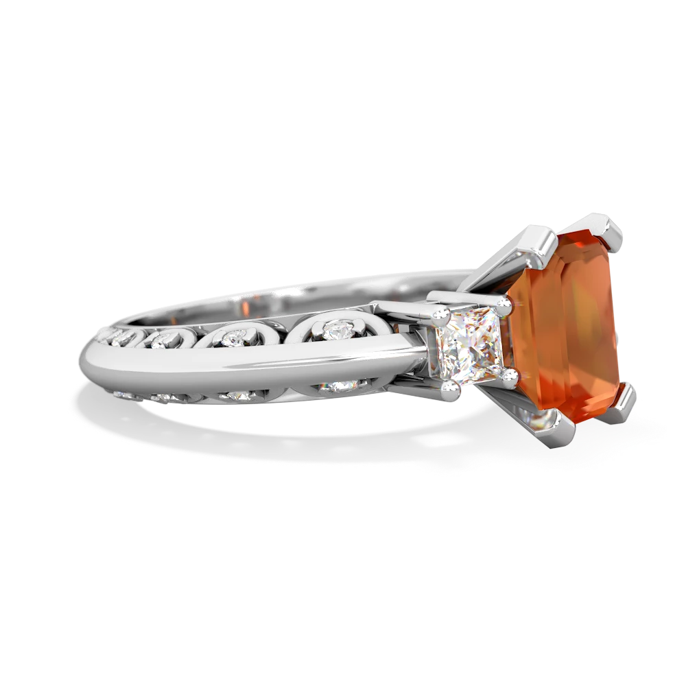 Fire Opal Art Deco Diamond 8X6 Emerald-Cut Engagement 14K White Gold ring R20018EM