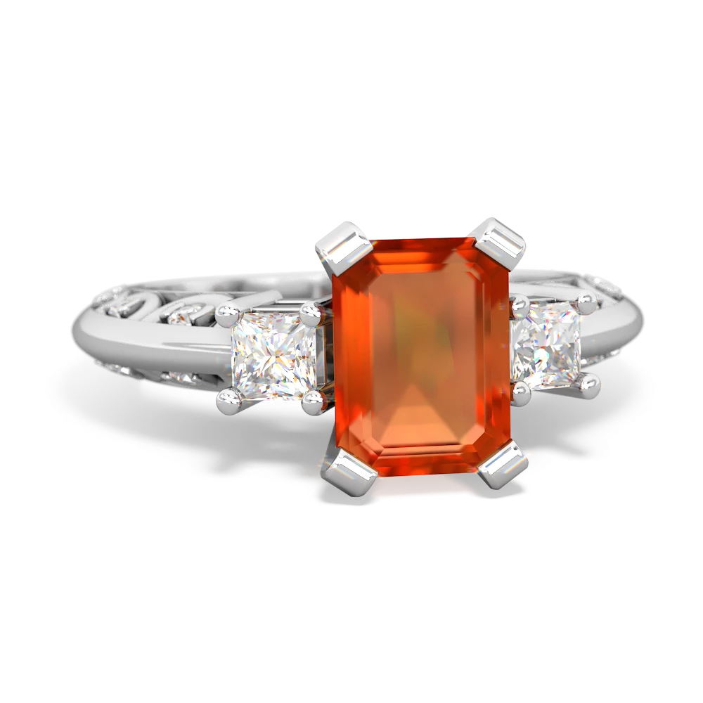 Fire Opal Art Deco Diamond 8X6 Emerald-Cut Engagement 14K White Gold ring R20018EM