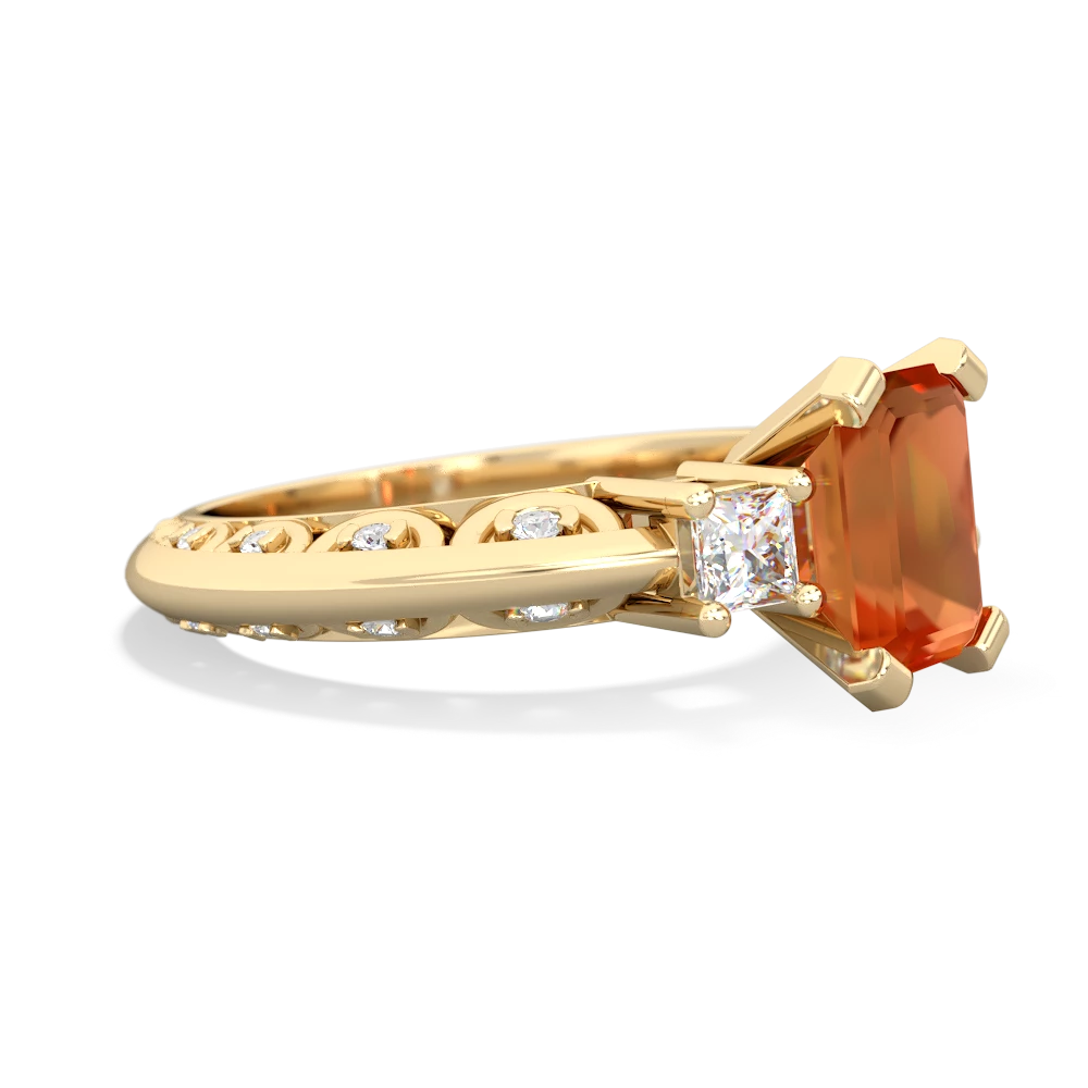 Fire Opal Art Deco Diamond 8X6 Emerald-Cut Engagement 14K Yellow Gold ring R20018EM