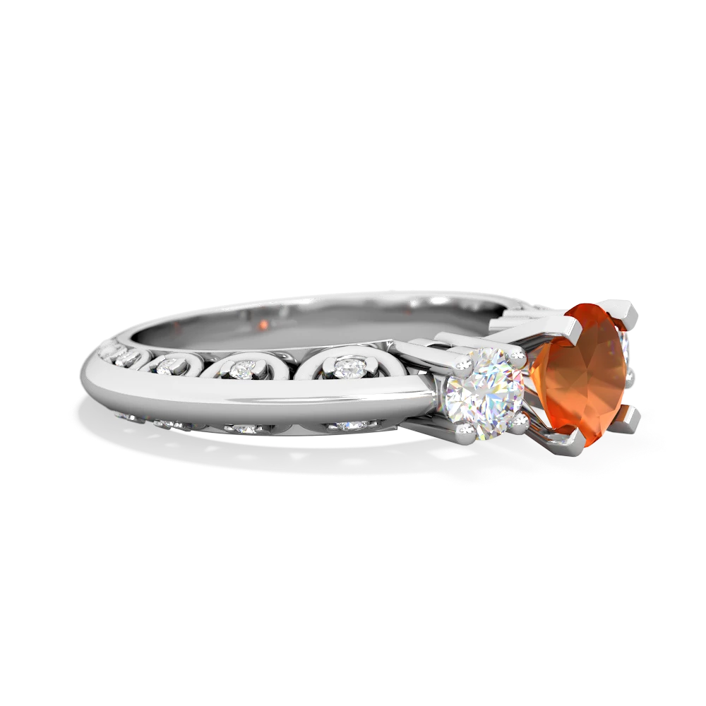 Fire Opal Art Deco Diamond 6Mm Round Engagment 14K White Gold ring R2003