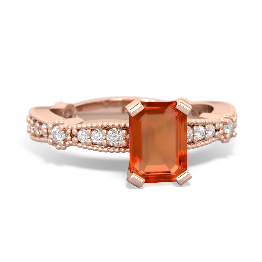 Fire Opal Sparkling Tiara 7X5mm Emerald-Cut 14K Rose Gold ring R26297EM