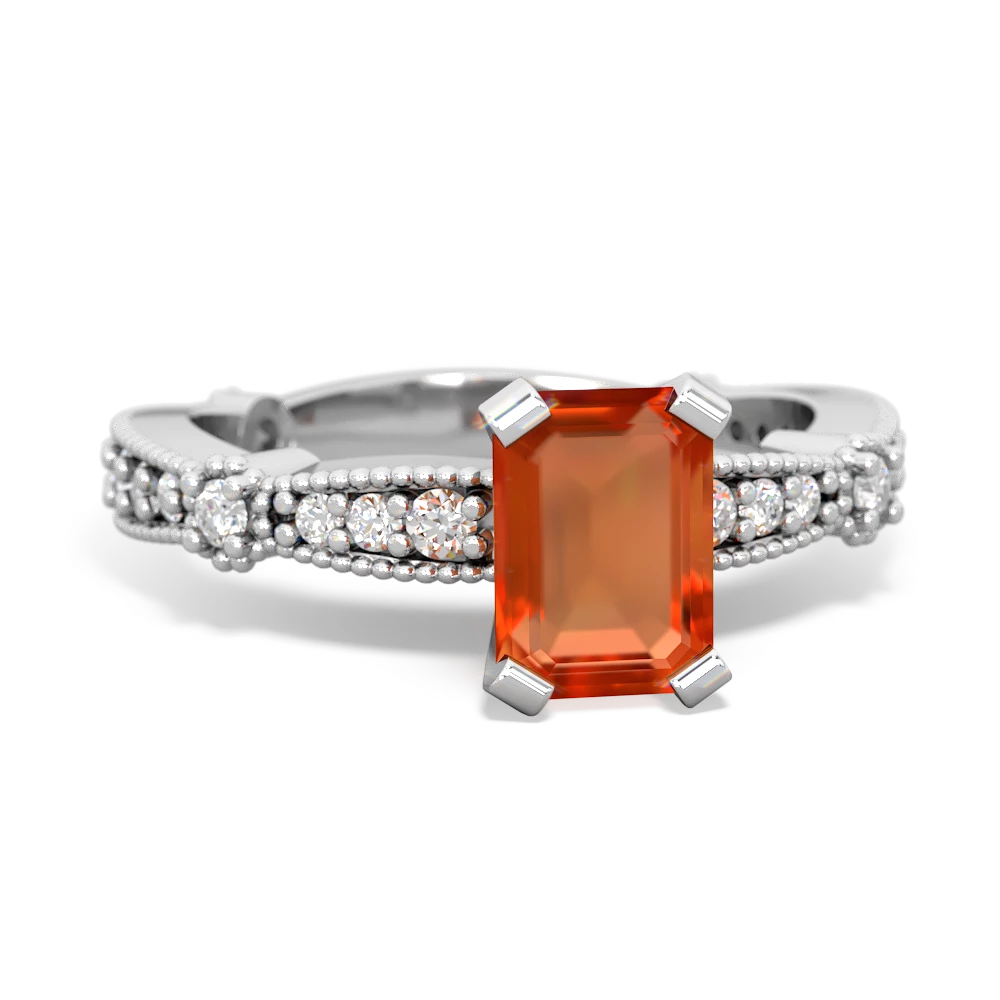 Fire Opal Sparkling Tiara 7X5mm Emerald-Cut 14K White Gold ring R26297EM