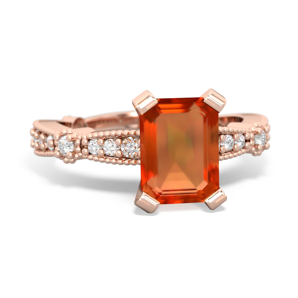 Fire Opal Sparkling Tiara 8X6 Emerald-Cut 14K Rose Gold ring R26298EM