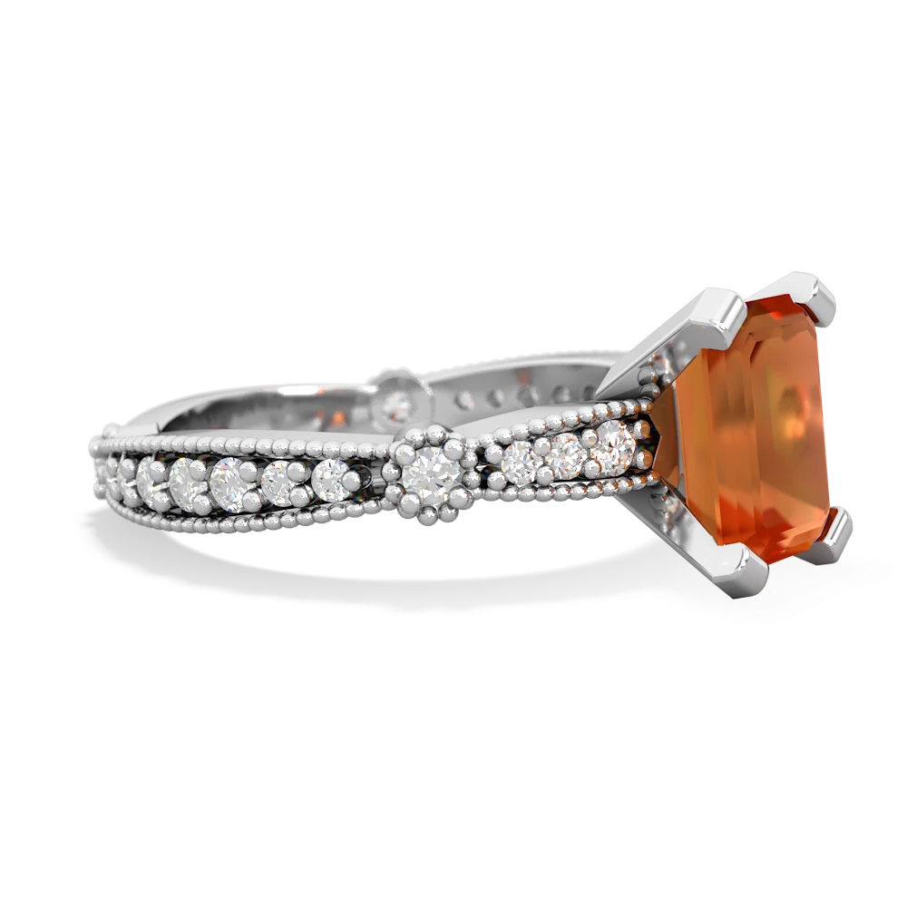 Fire Opal Sparkling Tiara 8X6 Emerald-Cut 14K White Gold ring R26298EM