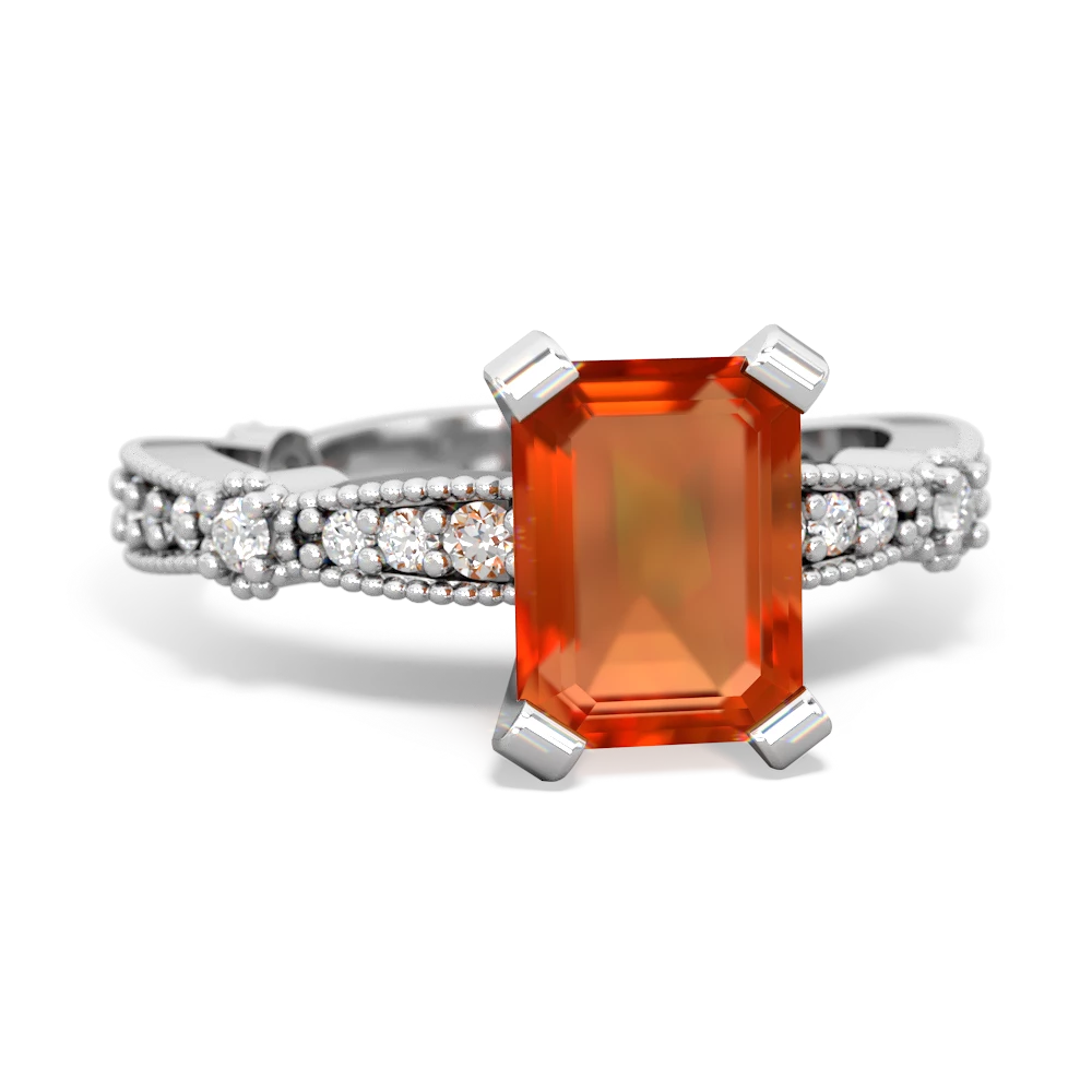 Fire Opal Sparkling Tiara 8X6 Emerald-Cut 14K White Gold ring R26298EM