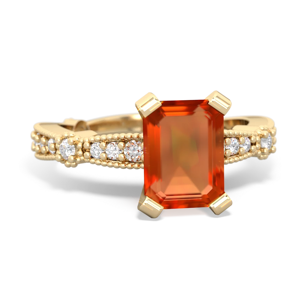 Fire Opal Sparkling Tiara 8X6 Emerald-Cut 14K Yellow Gold ring R26298EM