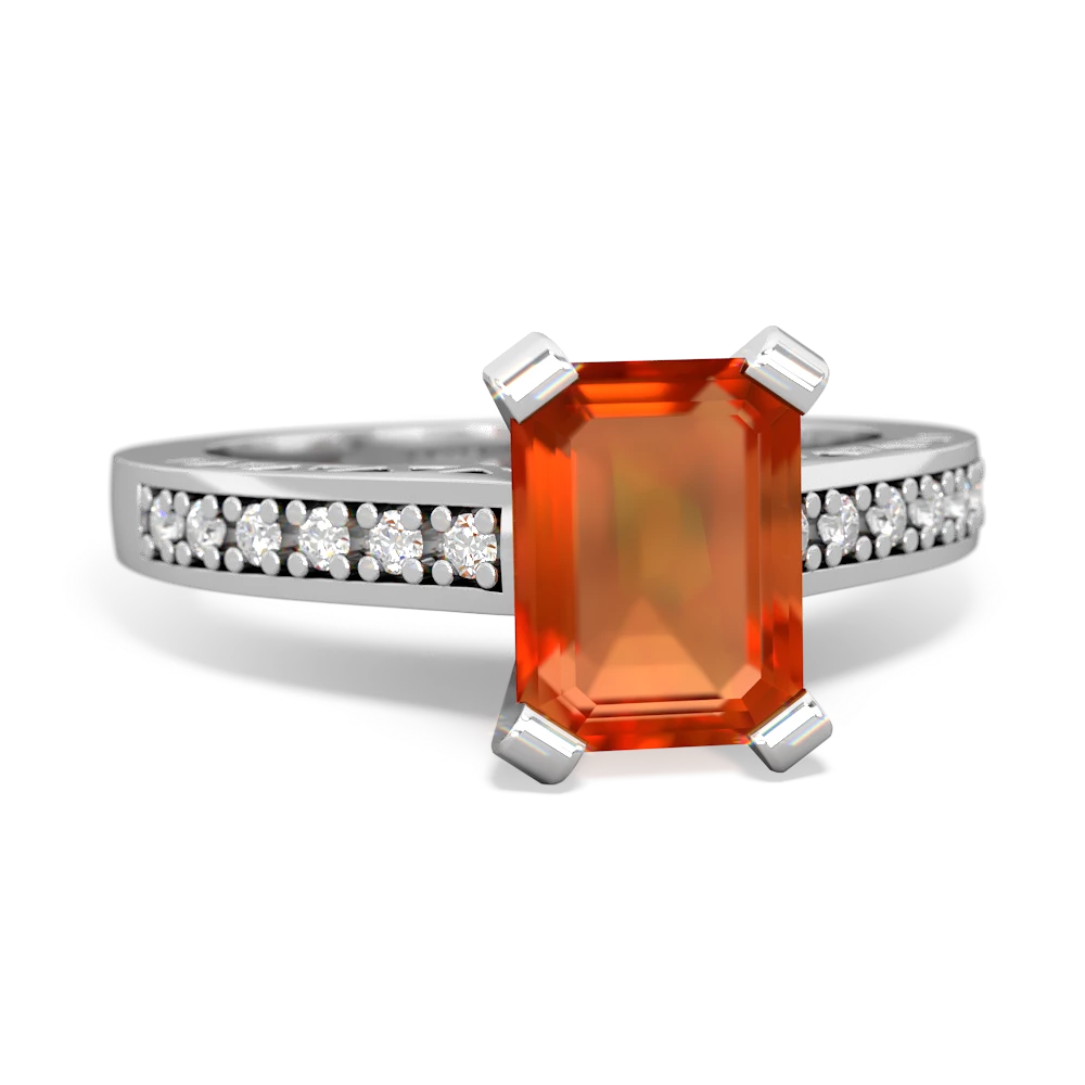 Fire Opal Art Deco Engagement 8X6mm Emerald-Cut 14K White Gold ring R26358EM