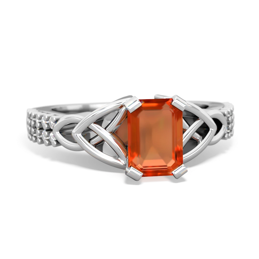 Fire Opal Celtic Knot 7X5 Emerald-Cut Engagement 14K White Gold ring R26447EM