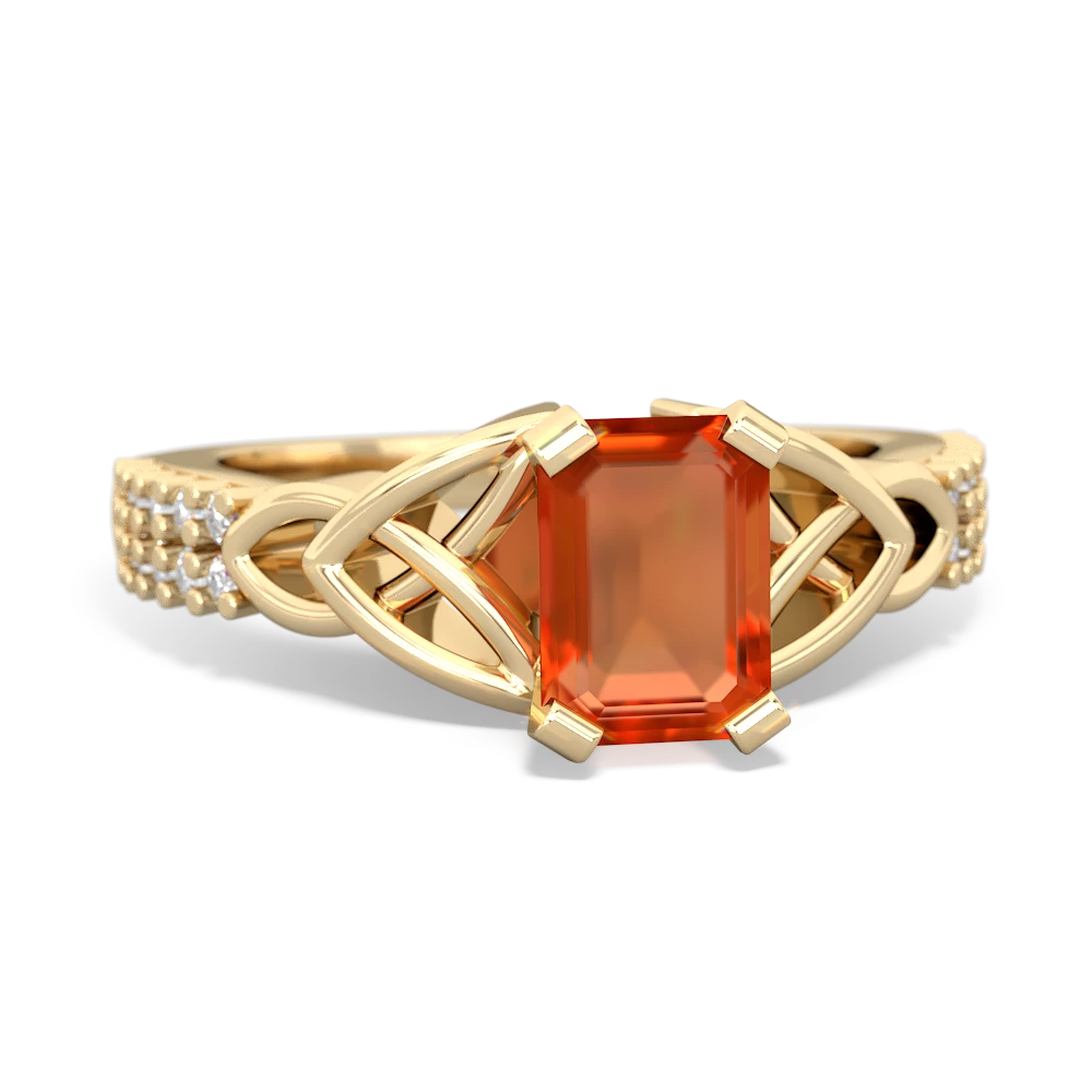 Fire Opal Celtic Knot 7X5 Emerald-Cut Engagement 14K Yellow Gold ring R26447EM