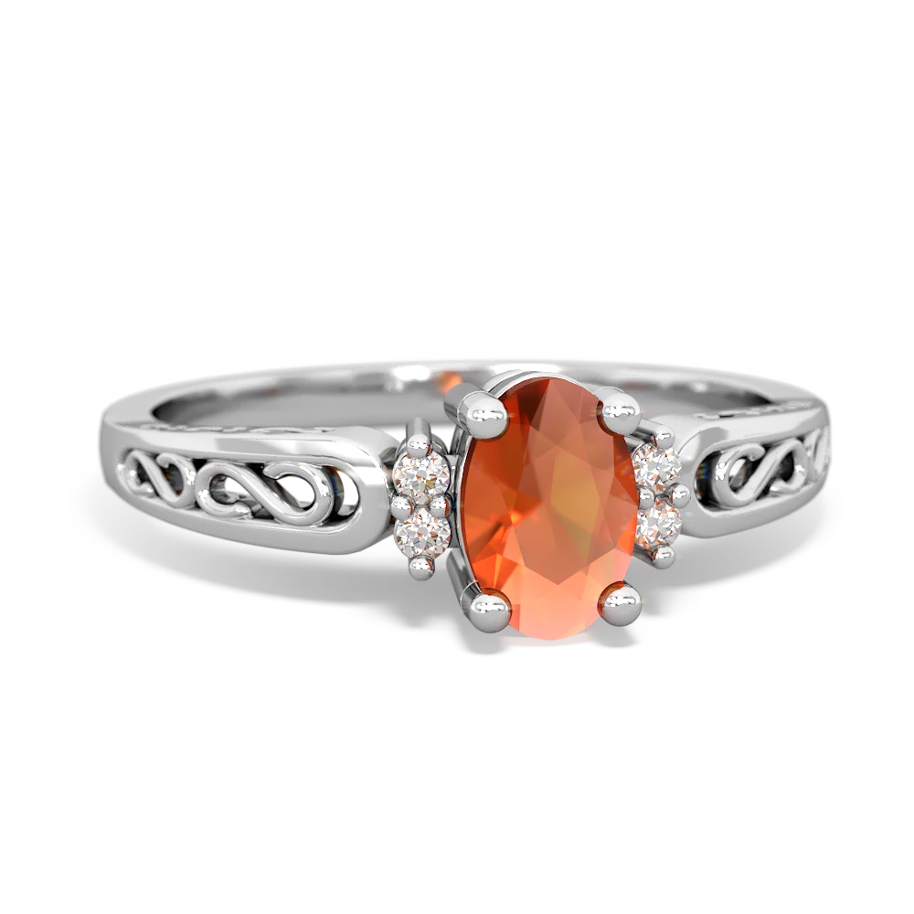 Fire Opal Filligree Scroll Oval 14K White Gold ring R0812