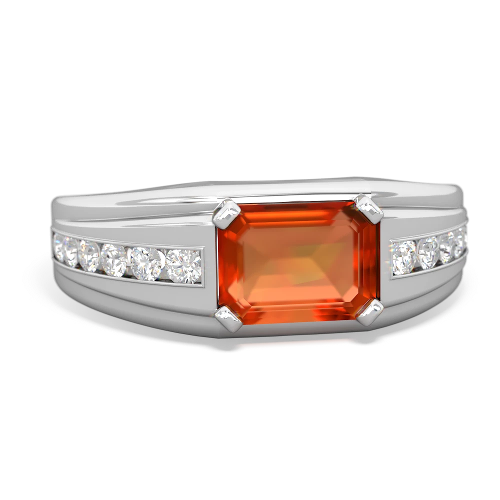 Fire Opal Men's Diamond Channel 14K White Gold ring R0500