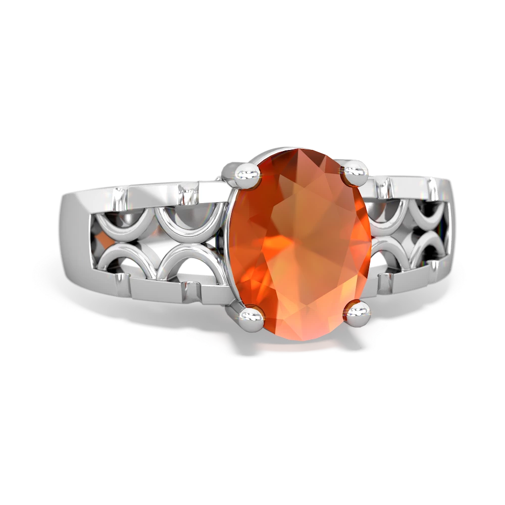 Fire Opal Art Deco Filigree 14K White Gold ring R2322