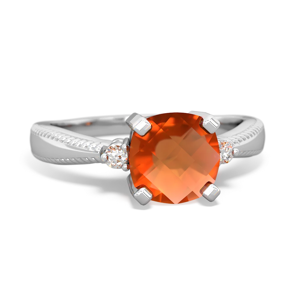 Fire Opal Cushion Rope 14K White Gold ring R2484