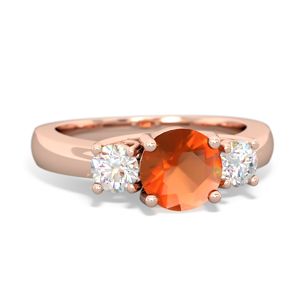 Fire Opal Diamond Three Stone Round Trellis 14K Rose Gold ring R4018