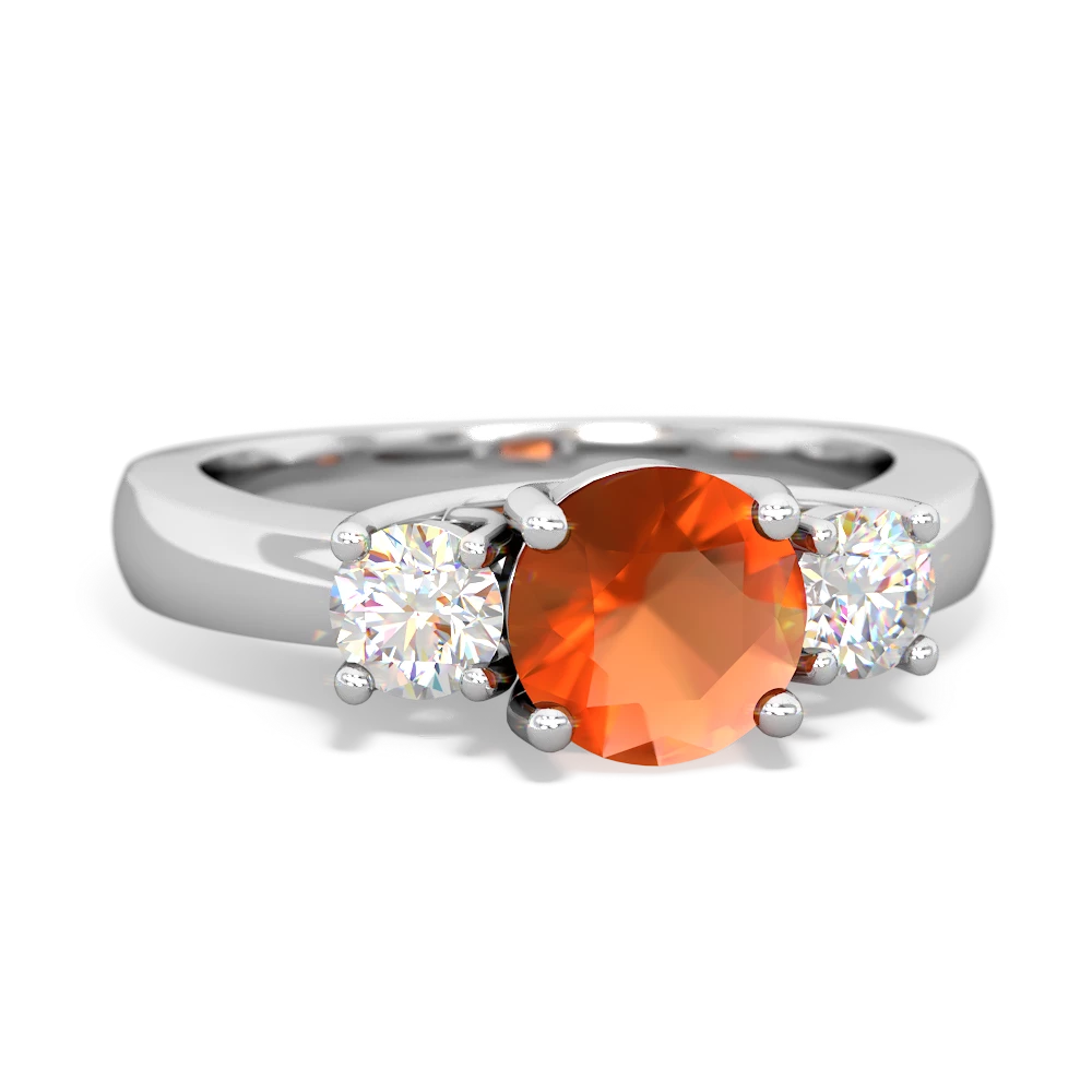 Fire Opal Diamond Three Stone Round Trellis 14K White Gold ring R4018