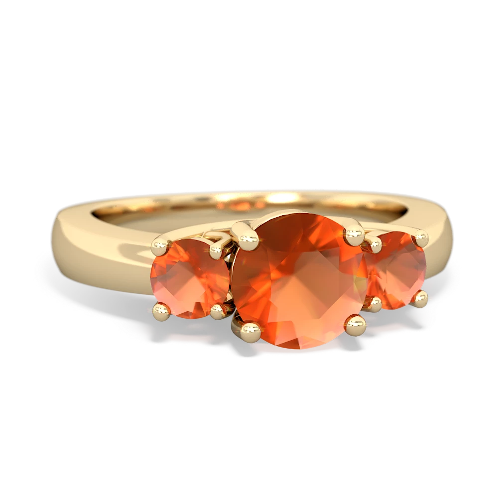 Fire Opal Three Stone Round Trellis 14K Yellow Gold ring R4018