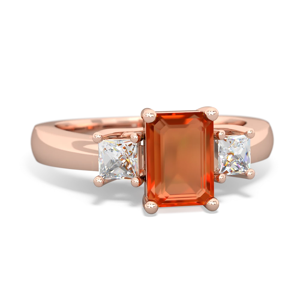 Fire Opal Diamond Three Stone Emerald-Cut Trellis 14K Rose Gold ring R4021