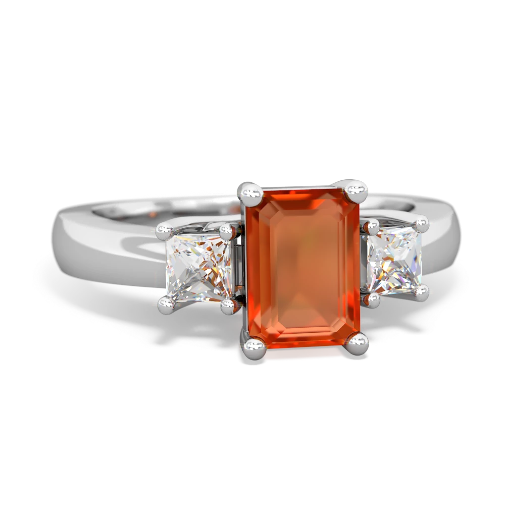 Fire Opal Diamond Three Stone Emerald-Cut Trellis 14K White Gold ring R4021