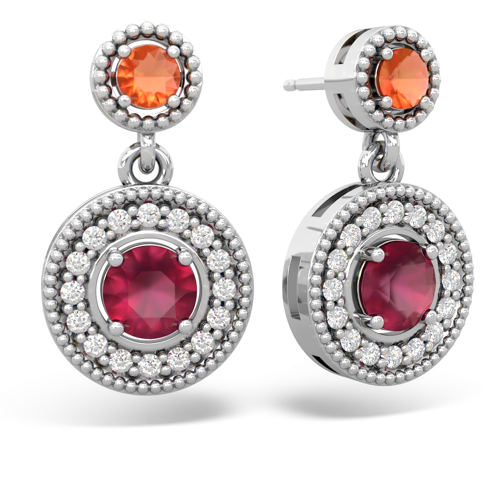 Fire Opal Halo Dangle 14K White Gold earrings E5319
