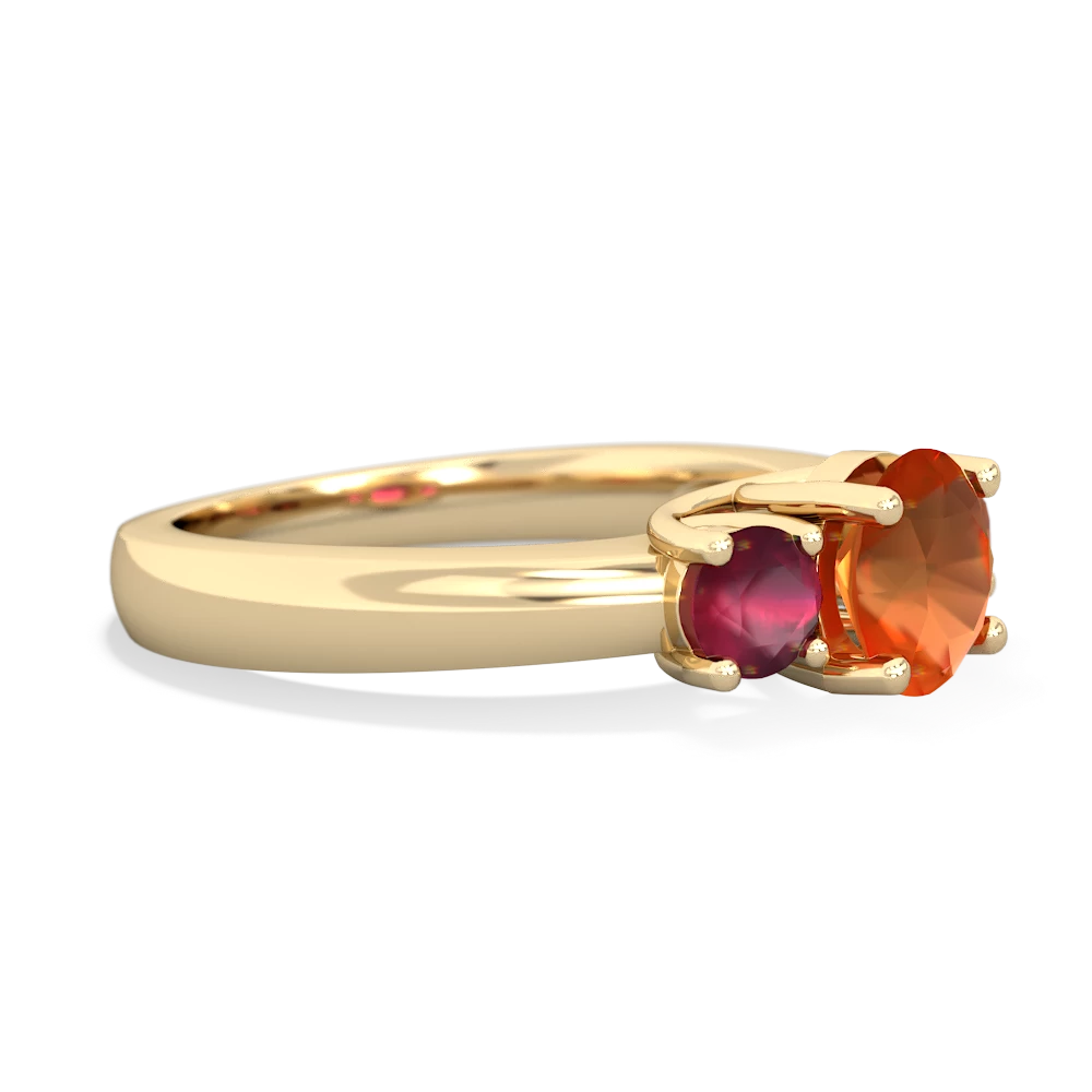 Fire Opal Three Stone Round Trellis 14K Yellow Gold ring R4018