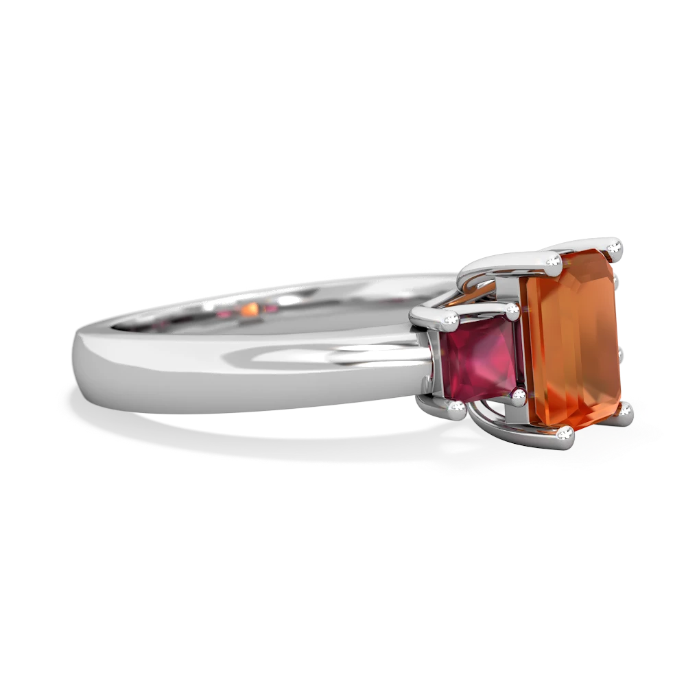 Fire Opal Three Stone Emerald-Cut Trellis 14K White Gold ring R4021