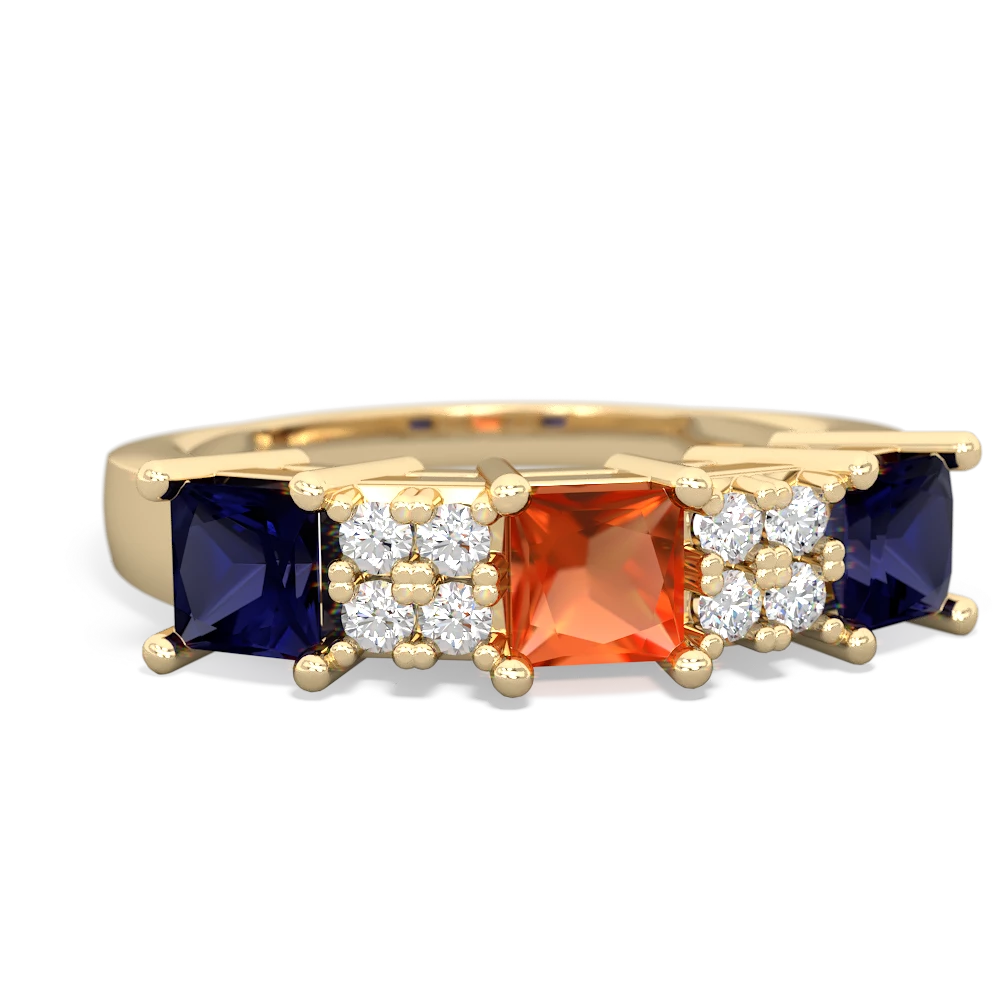 Fire Opal Three Stone Diamond Cluster 14K Yellow Gold ring R2592