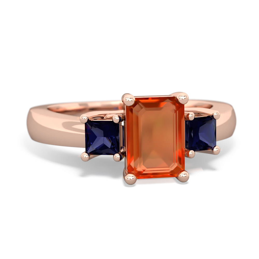 Fire Opal Three Stone Emerald-Cut Trellis 14K Rose Gold ring R4021